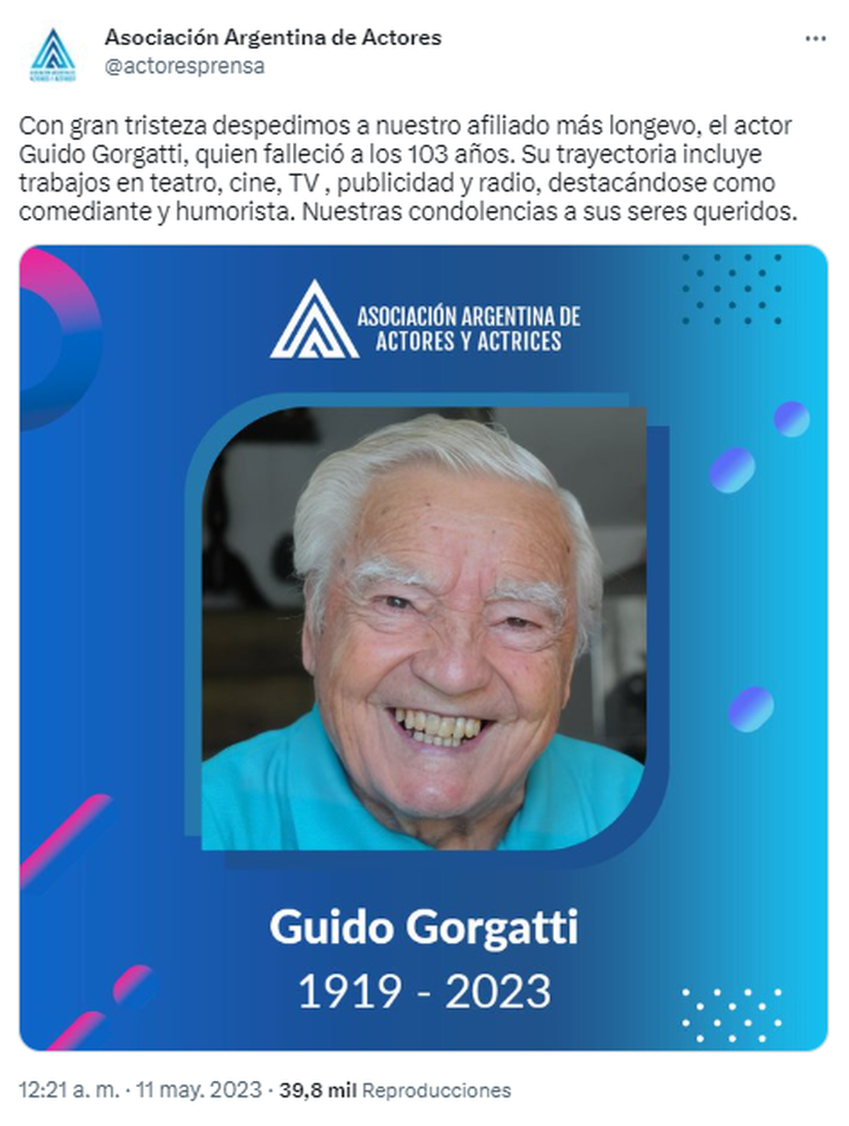 Comunicado de la Asociación Argentina de Actores tras la muerte de Guido Gorgatti. (Captura de Twitter)