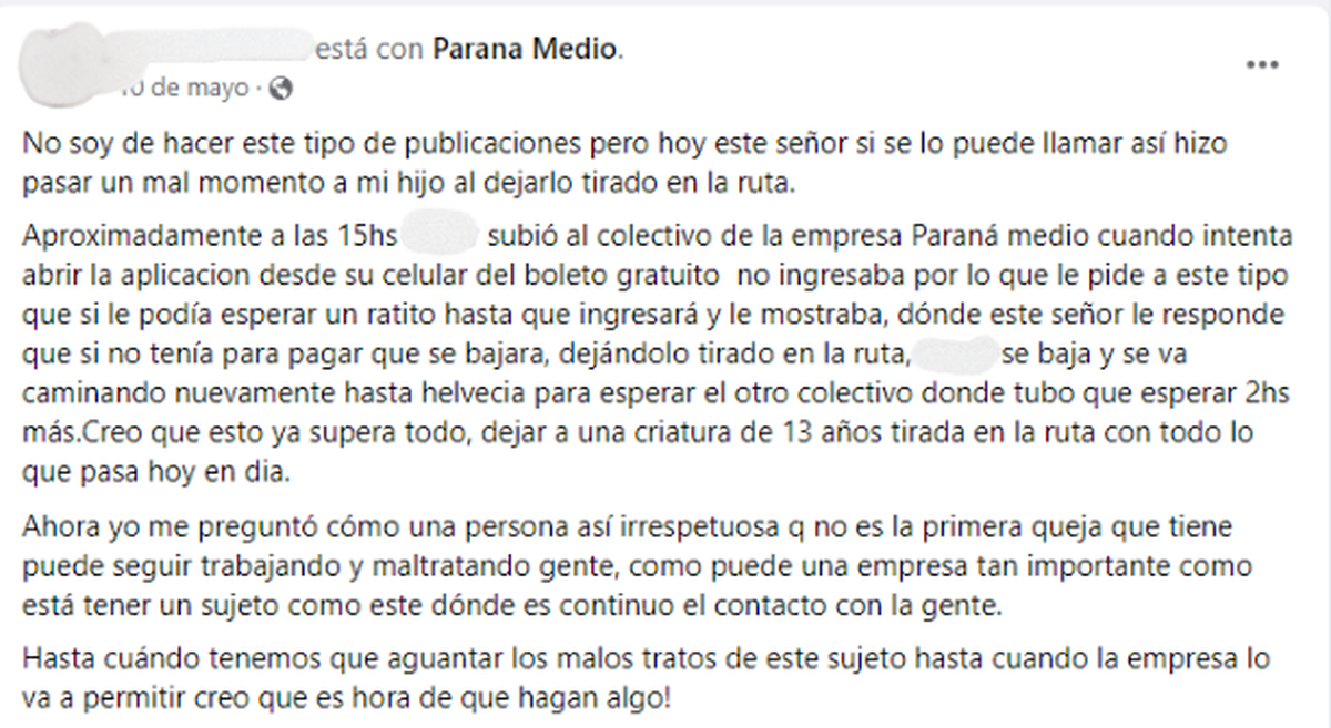 El posteo de la madre del menor contra el chofer de Paraná Medio. El posteo de la madre del menor contra el chofer de Paraná Medio.
