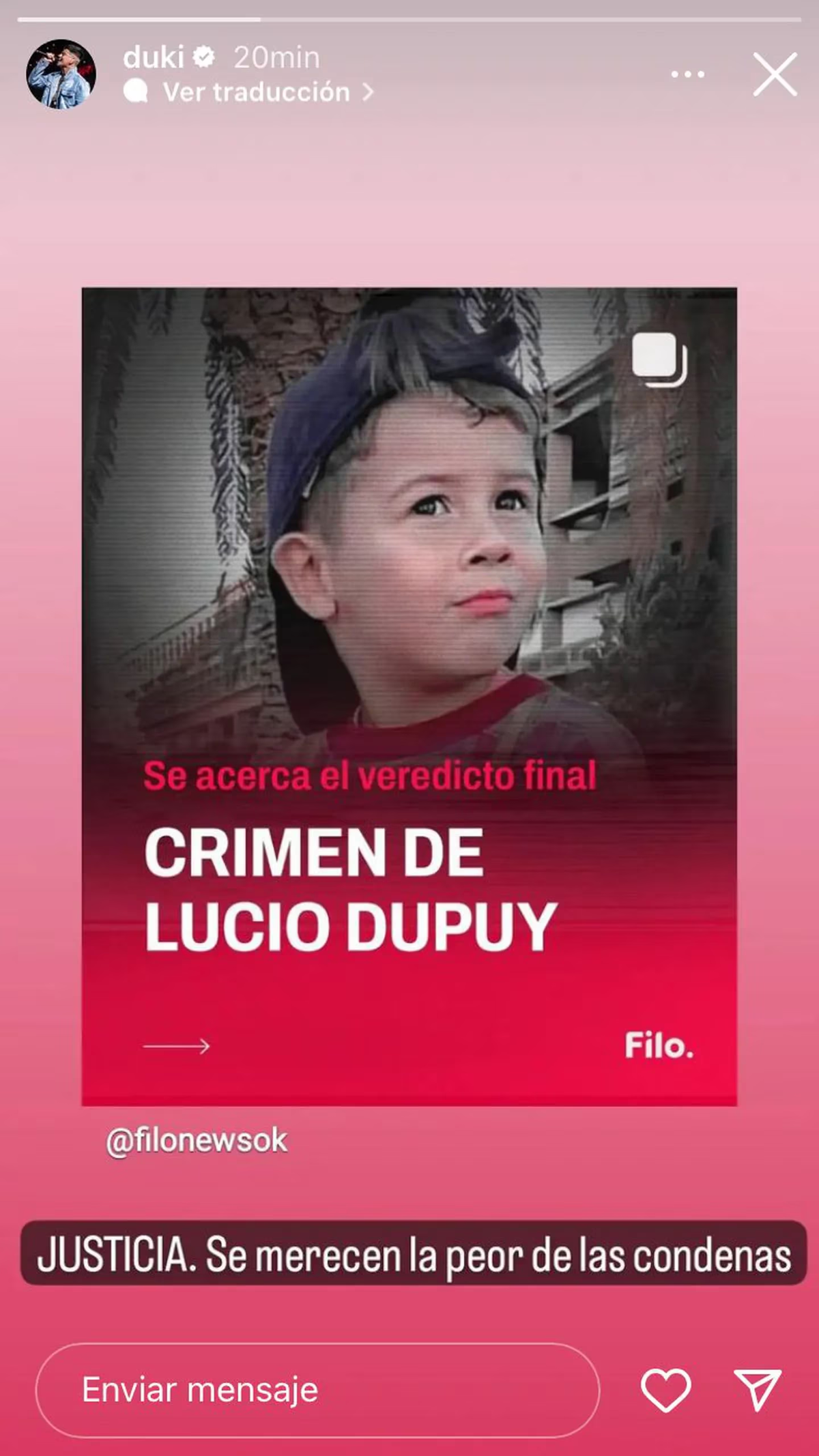 Duki se unió al pedido de justicia por el crimen de Lucio Dupuy.