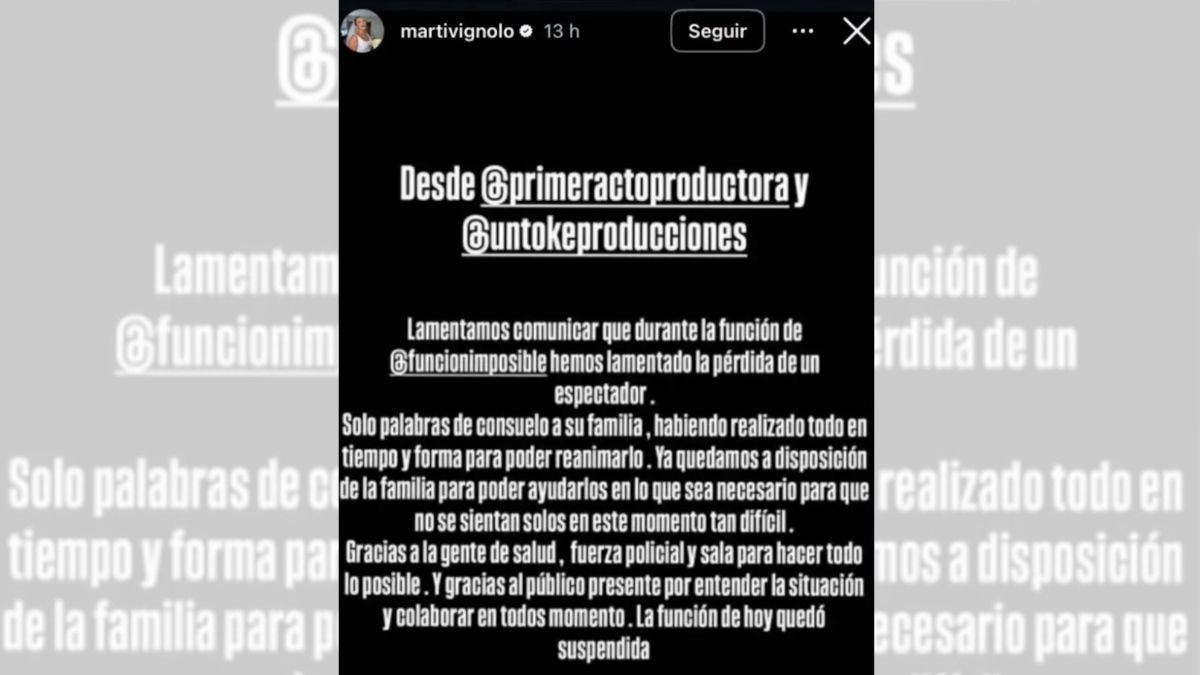 La producción de la obra de Matías Alé emitió un comunicado oficial destacando que se activaron todos los protocolos de emergencia en tiempo y forma.  