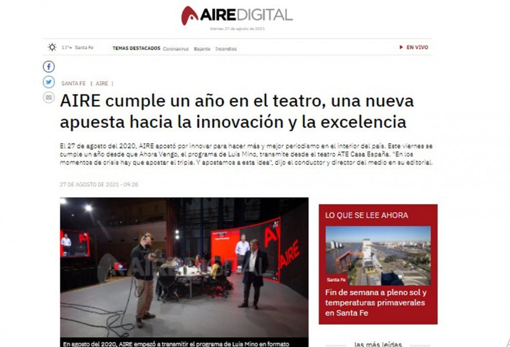 Aire Digital se innovó con los nuevos contenidos de Ahora Vengo desde el teatro.