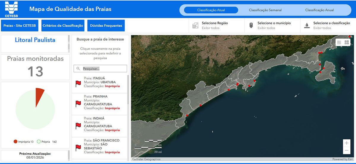 Mapa de la calidad del agua de las playas del estado de San Pablo consultado el 07/01/2026. Mapa de la calidad del agua de las playas del estado de San Pablo consultado el 07/01/2026.