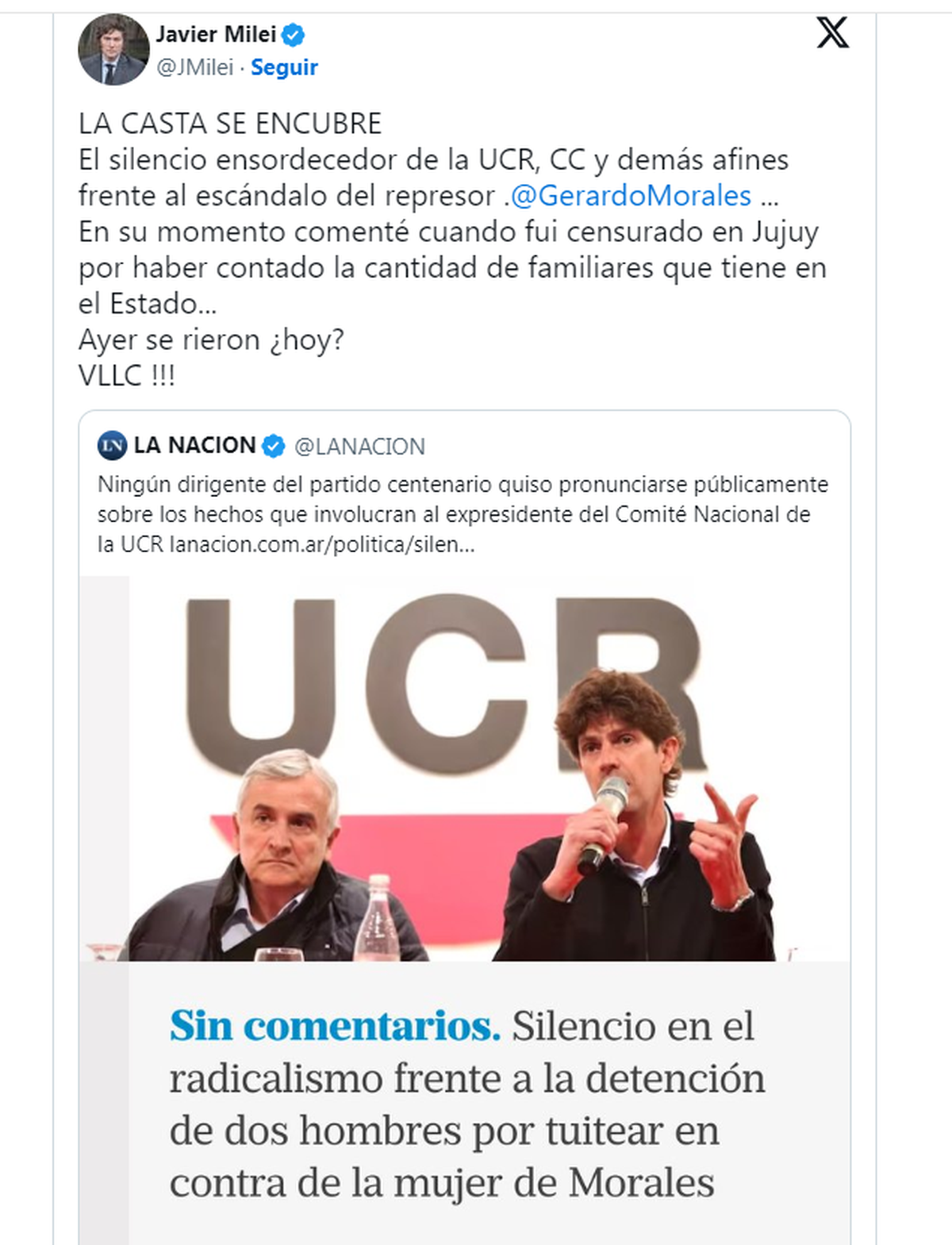 Javier Milei criticó el "silencio ensordecedor" de la UCR. Javier Milei criticó el "silencio ensordecedor" de la UCR.