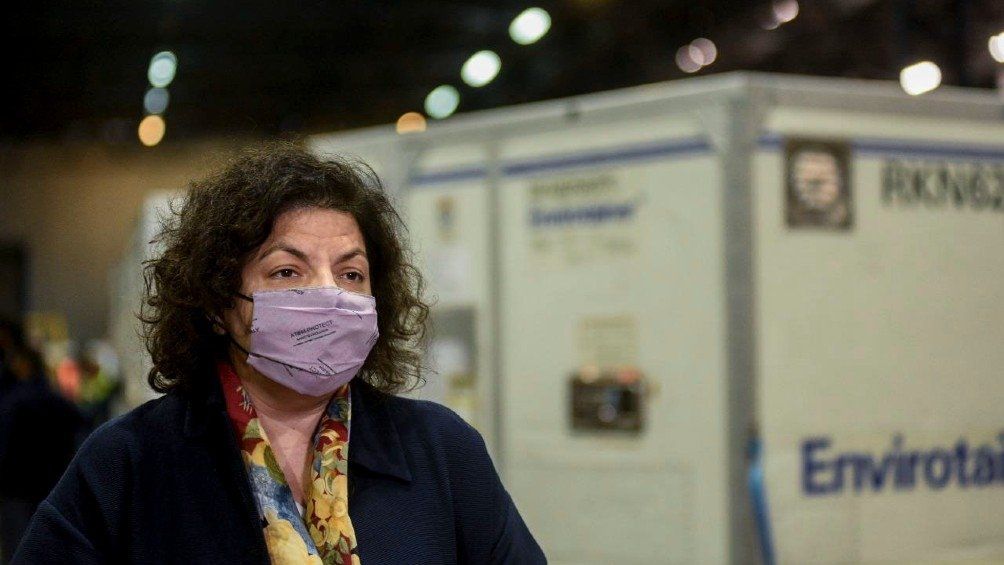 La ministra de Salud, Carla Vizzotti, en el Aeropuerto Internacional de Ezeiza.