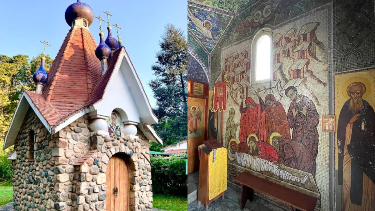 En las paredes de la capilla se encuentra imágenes realizadas por mosaicos, siguiendo la tradición ortodoxa. En las paredes de la capilla se encuentra imágenes realizadas por mosaicos, siguiendo la tradición ortodoxa.