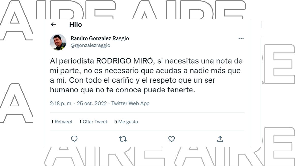 Este es el primer tuit del fiscal Ramiro González Raggio contra el periodista Rodrigo Miró.