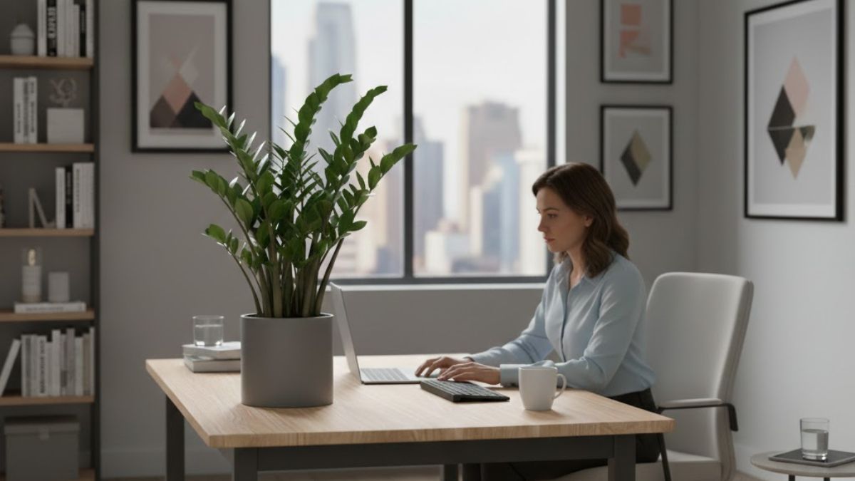 La estructura firme de la Zamioculca la convierte en el elemento preferido para oficinas con poca iluminación