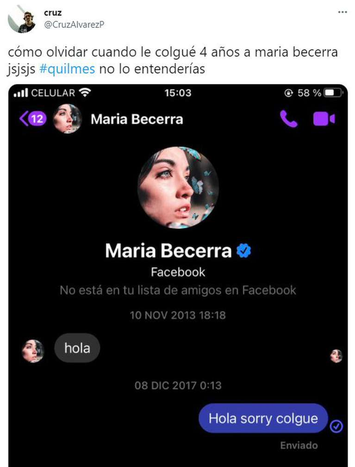 Un usuario compartió cómo "le clavó el visto" a María Becerra y el tuit se volvió viral. (Foto: Twitter / CruzAlvarezP) 