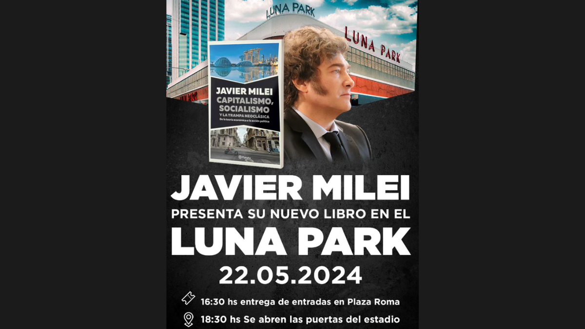 Javier Milei presentará su nuevo libro este miércoles en el Luna Park. Javier Milei presentará su nuevo libro este miércoles en el Luna Park.