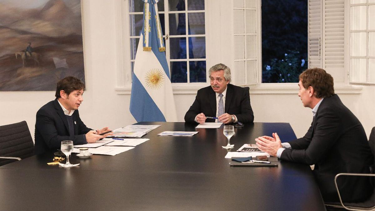 Alberto Fern&aacute;ndez junto a Axel Kicillof y Diego Santilli en la residencia de Olivos.&nbsp;