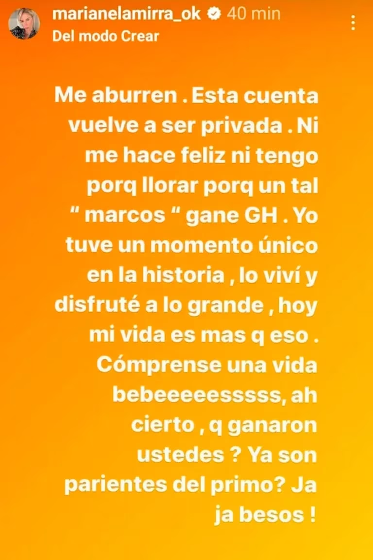 El contundente mensaje de Marianela Mirra a Marcos.