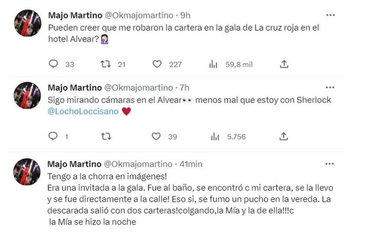 Tuit de Majo Martino sobre el robo de su cartera / Foto Instagram