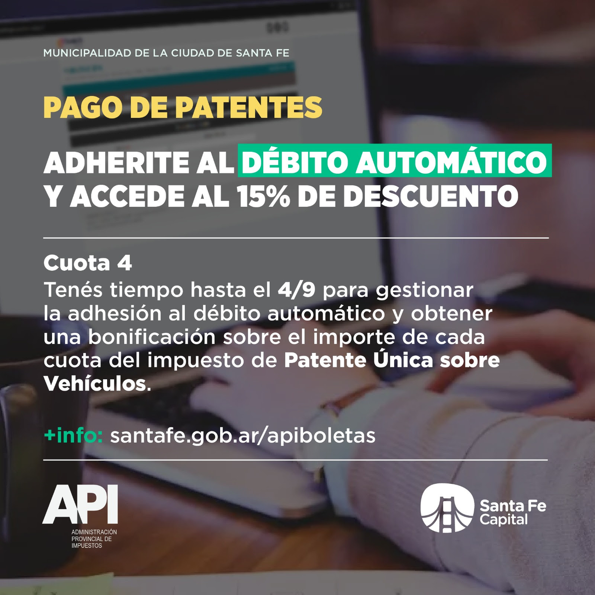 Hasta el 4 de septiembre, los contribuyentes tendrán tiempo de adherirse al débito automático para realizar el pago del impuesto de la Patente Única sobre Vehículos y así gozar del beneficio del quince por ciento (15%) de descuento para el pago de la cuota 4. Hasta el 4 de septiembre, los contribuyentes tendrán tiempo de adherirse al débito automático para realizar el pago del impuesto de la Patente Única sobre Vehículos y así gozar del beneficio del quince por ciento (15%) de descuento para el pago de la cuota 4.
