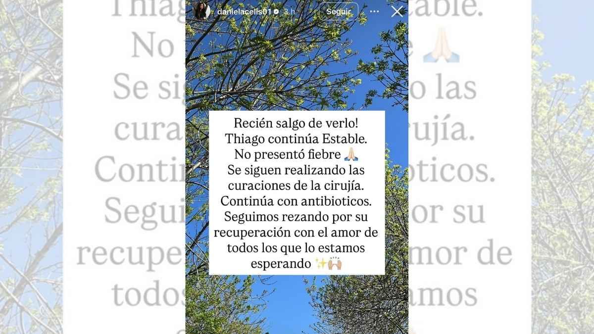 Daniela Celis compartió en redes sociales que Thiago Medina continúa estable y sin fiebre tras la cirugía. Daniela Celis compartió en redes sociales que Thiago Medina continúa estable y sin fiebre tras la cirugía.