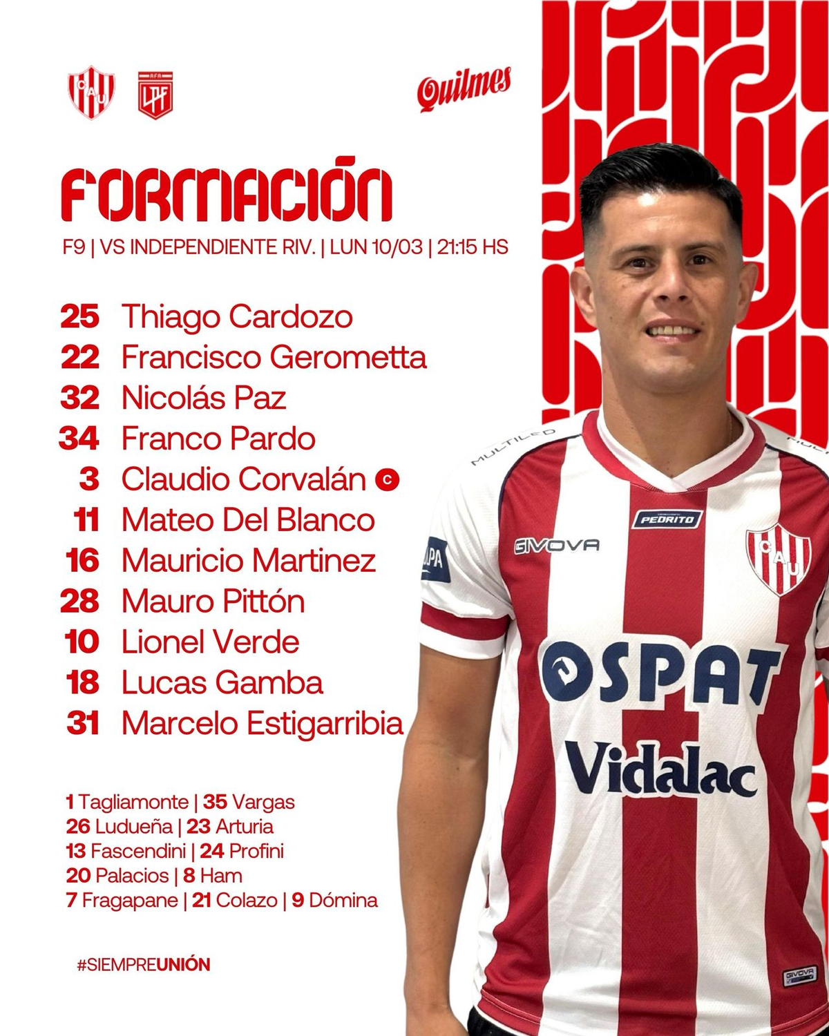 La formación confirmada de Unión. La formación confirmada de Unión.