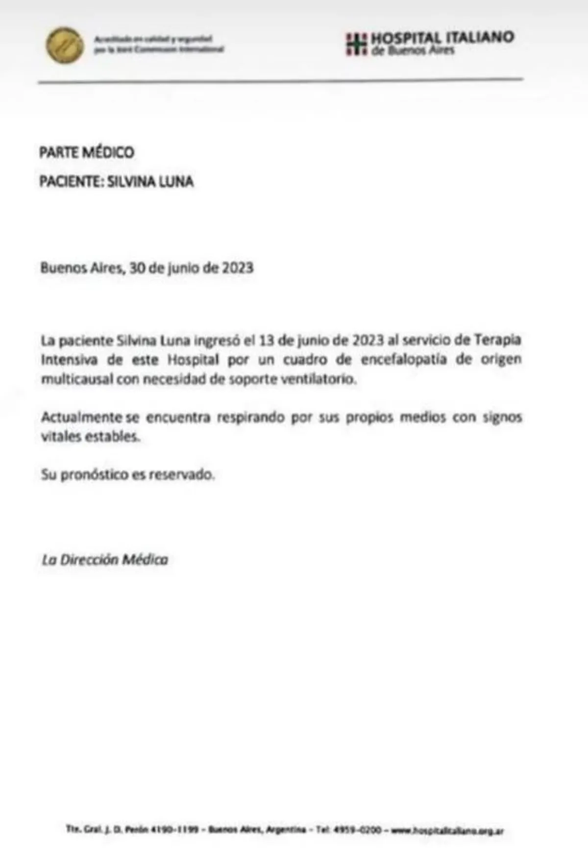 El primer parte médico de Silvina Luna. El primer parte médico de Silvina Luna.