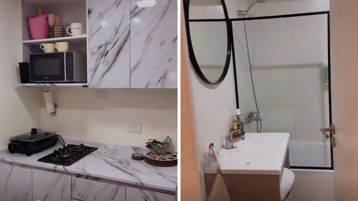La cocina y baño del departamento de Julieta Poggio. La cocina y baño del departamento de Julieta Poggio.