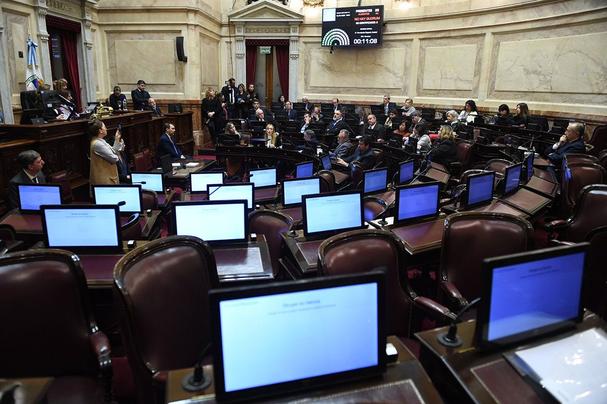 Los senadores del oficialismo bajaron al recinto, pero la oposición no dio quorum y no hubo sesión. Los senadores del oficialismo bajaron al recinto, pero la oposición no dio quorum y no hubo sesión.