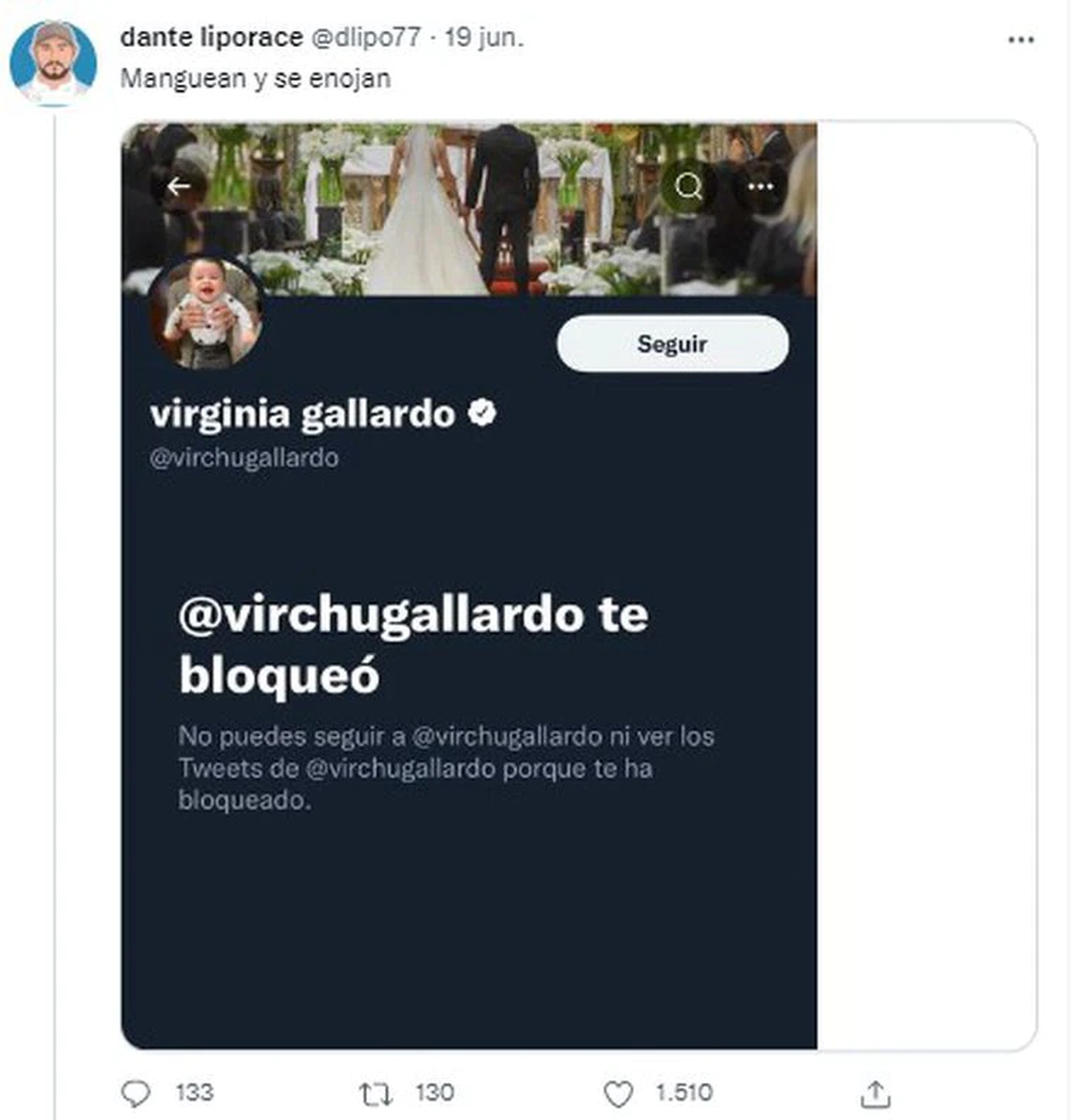 El tuit de Dante Liporace tras el cruce con Virginia Gallardo. (Foto: Twitter / @dlipo77) /TN 