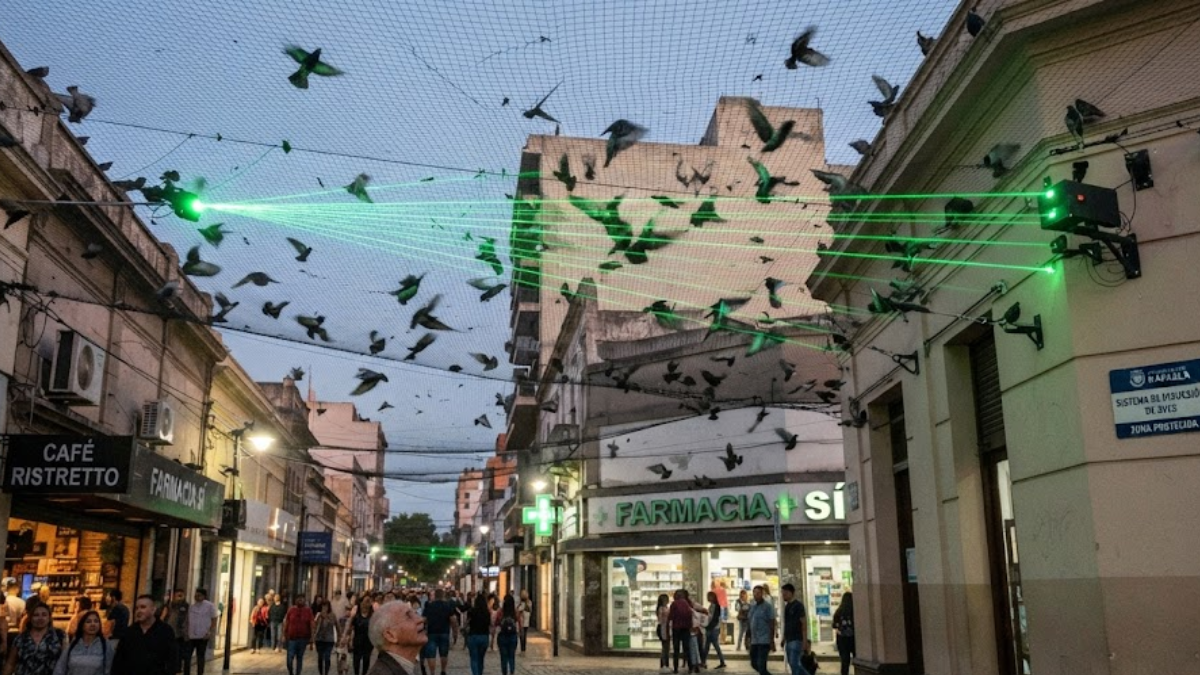 El municipio instaló dispositivos que proyectan haces de luz sobre las copas de los árboles para ahuyentar palomas y estorninos.