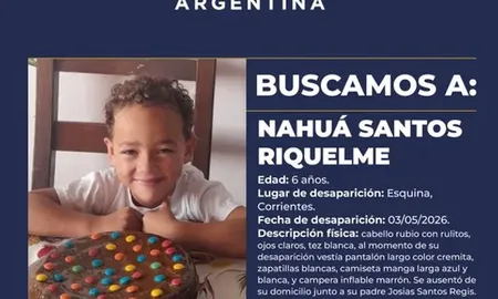 El Ministerio de Seguridad informó este lunes que activó el Alerta Sofía por la desaparición de Nahuá Santos Riquelme, un niño de 6 años que se lo llevó su padre, Josias Santos Regis, tras asesinar a otro hombre en la provincia de Corrientes. El Ministerio de Seguridad informó este lunes que activó el Alerta Sofía por la desaparición de Nahuá Santos Riquelme, un niño de 6 años que se lo llevó su padre, Josias Santos Regis, tras asesinar a otro hombre en la provincia de Corrientes.