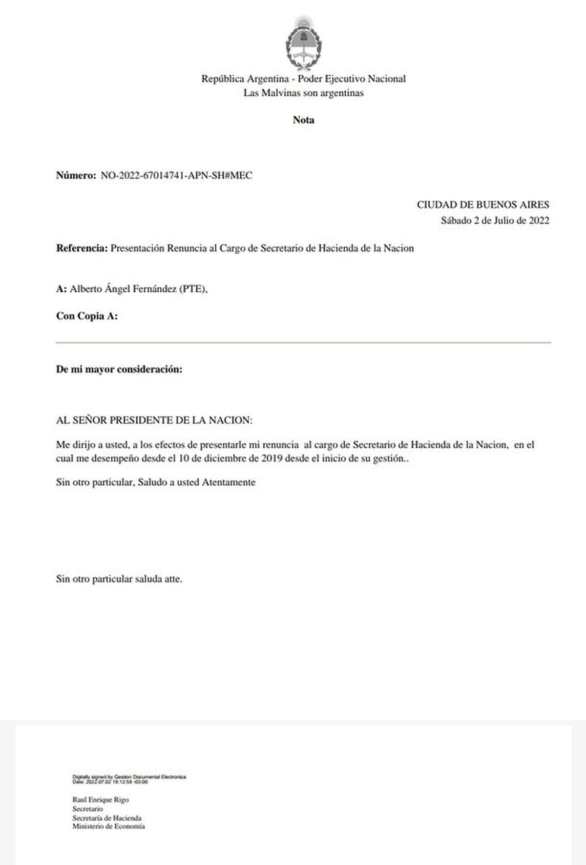 El secretario de Hacienda presentó su renuncia este sábado 2 de julio.