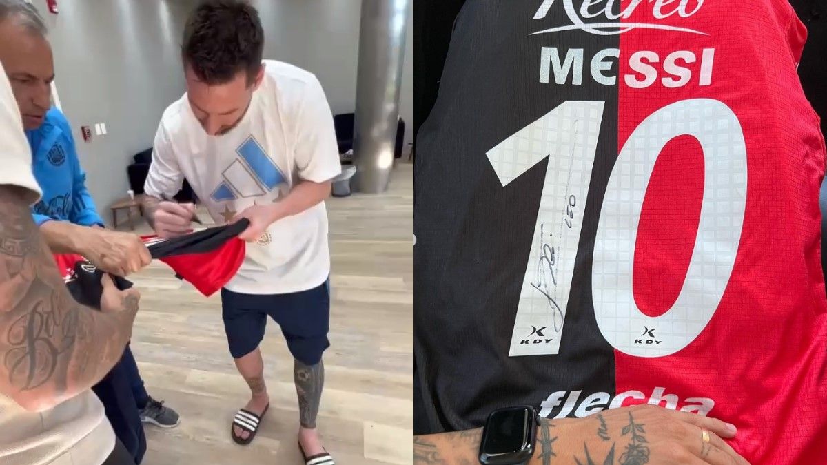 El jugador sabalero estuvo con el capitán argentino en Ezeiza y se llevó la ansiada firma estampada en una camiseta rojinegra.