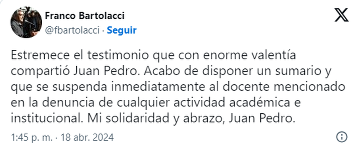 Franco Bartolacci decidió desvincular al docente acusado de abuso sexual infantil de la Universidad Nacional de Rosario. Franco Bartolacci decidió desvincular al docente acusado de abuso sexual infantil de la Universidad Nacional de Rosario.