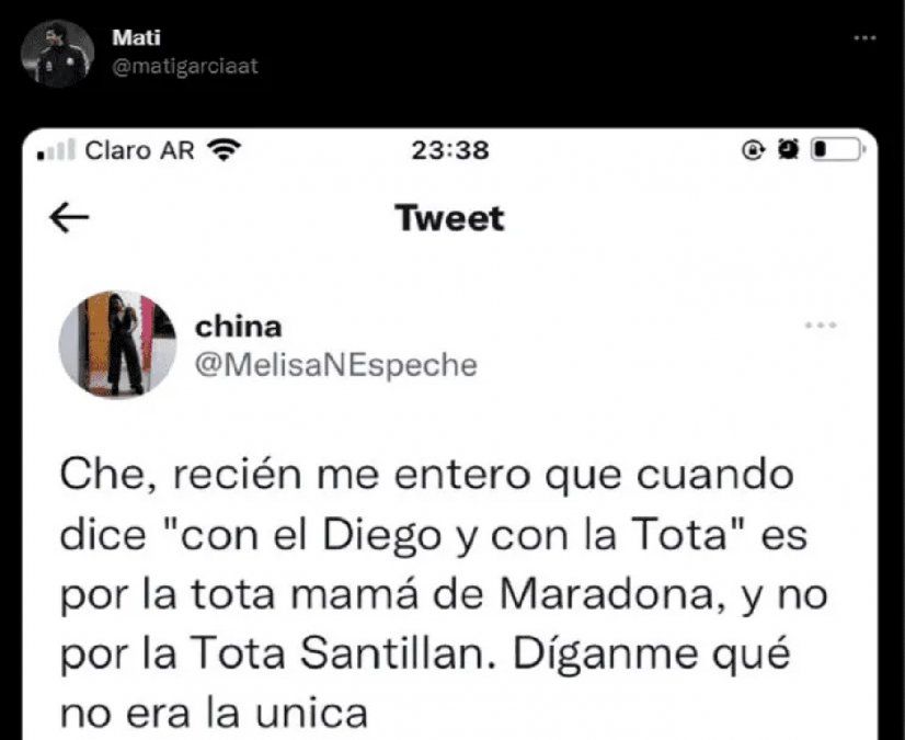 Una joven confundió a la Tota Santillán con Tota Maradona en la canción de la Selección: Díganme que no era la única