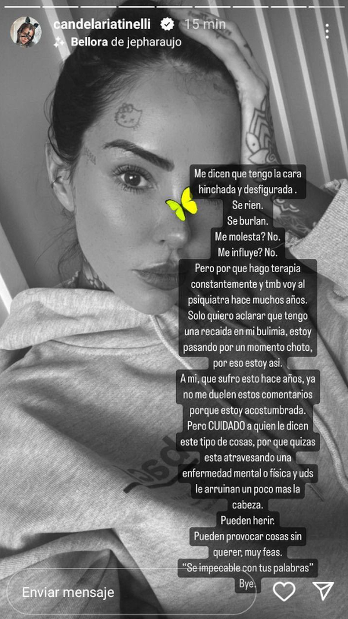 Cande Tinelli confirmó haber recaído en la bulimia y estar atravesando un duro momento personal. 