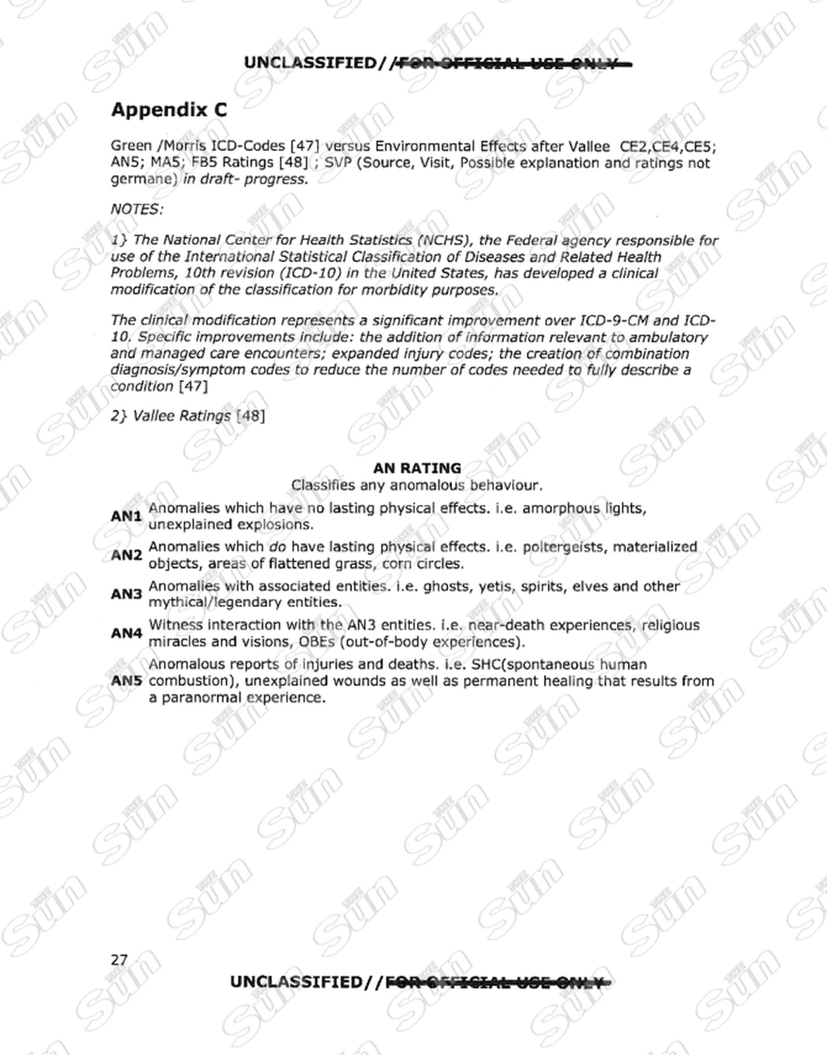 Los archivos contienen estas clasificaciones para varios encuentros paranormales.Crédito: DIA