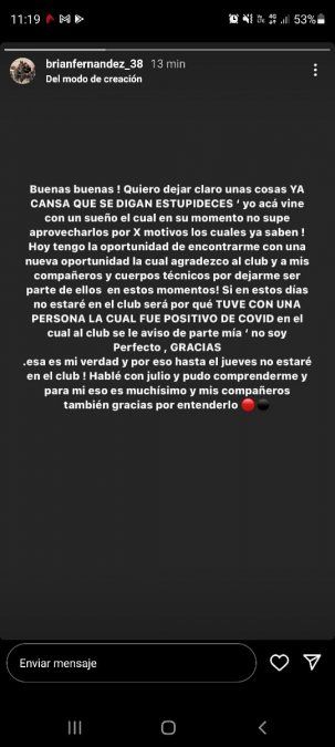 La historia de Instagram que publicó Brian Fernández para justificar su ausencia de los próximos entrenamientos de Colón.