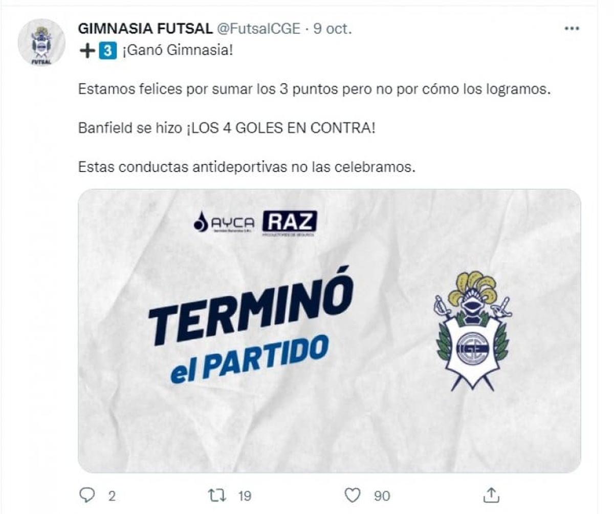 Gimnasia (LP) expresó su descontento el Twitter pese a haber ganado el partido ante Banfield.