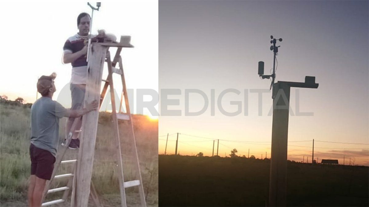 Pablo Lucero durante la instalación de la última estación meteorológica en Arroyo Leyes.