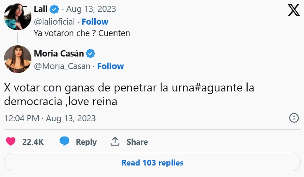 El picante mensaje de Moria Casán a Lali Espósito en medio de las PASO 2023. El picante mensaje de Moria Casán a Lali Espósito en medio de las PASO 2023.