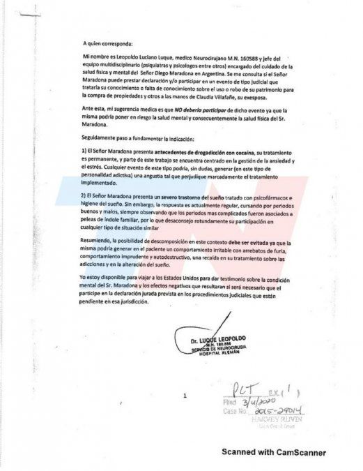 La carta que redactó Leopoldo Luque. Fuente: TN.