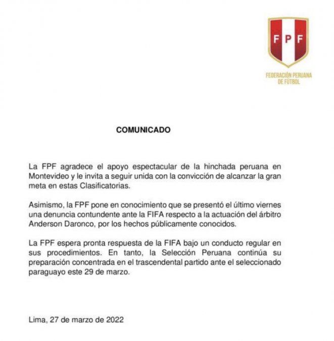El comunicado de la Federación Peruana de Fútbol luego de denunciar a Anderson Daronco ante la Fifa.