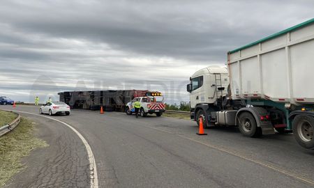 Un camión que transportaba arroz volcó en el ingreso a la ciudad de Santo Tomé por la autopista. Tres personas fueron trasladadas al Samco local con heridas leves. Un camión que transportaba arroz volcó en el ingreso a la ciudad de Santo Tomé por la autopista. Tres personas fueron trasladadas al Samco local con heridas leves.