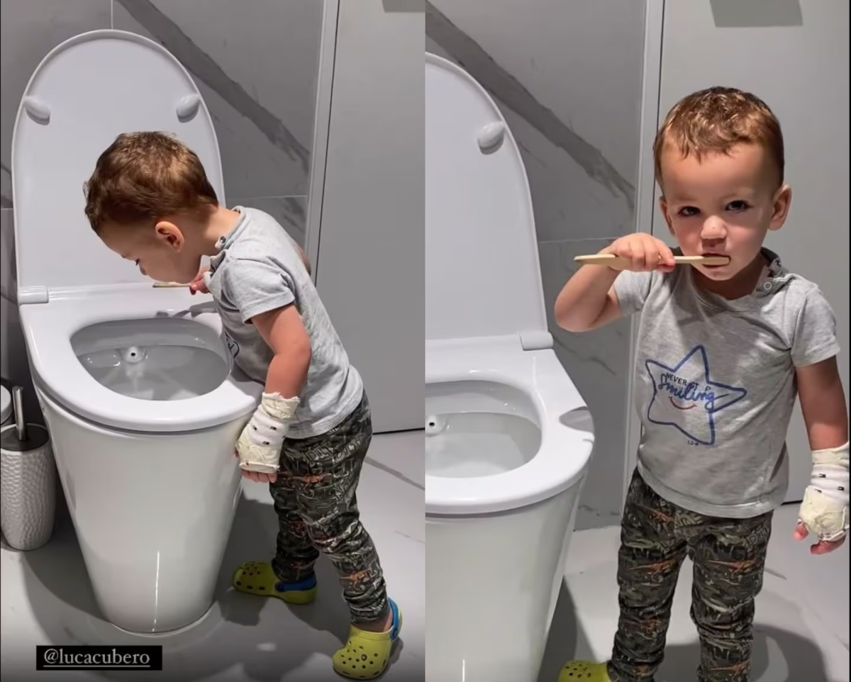 Fabián Cubero mostró a su hijo Luca lavándose los dientes luego de haber tocado el inodoro con el cepillo. Fabián Cubero mostró a su hijo Luca lavándose los dientes luego de haber tocado el inodoro con el cepillo.