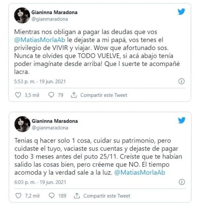 La furia de Gianinna Maradona con Matías Morla al ver que se fue de vacaciones. 