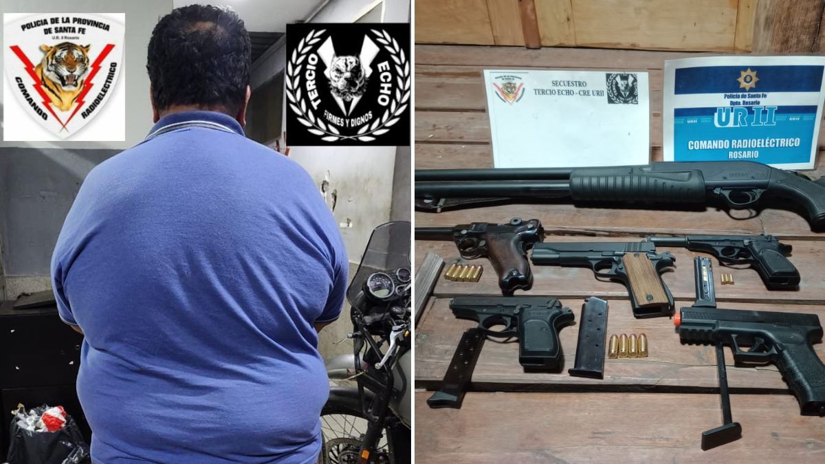 José Bonacci y las armas secuestradas por la Policía en su hogar de la ciudad de Rosario.