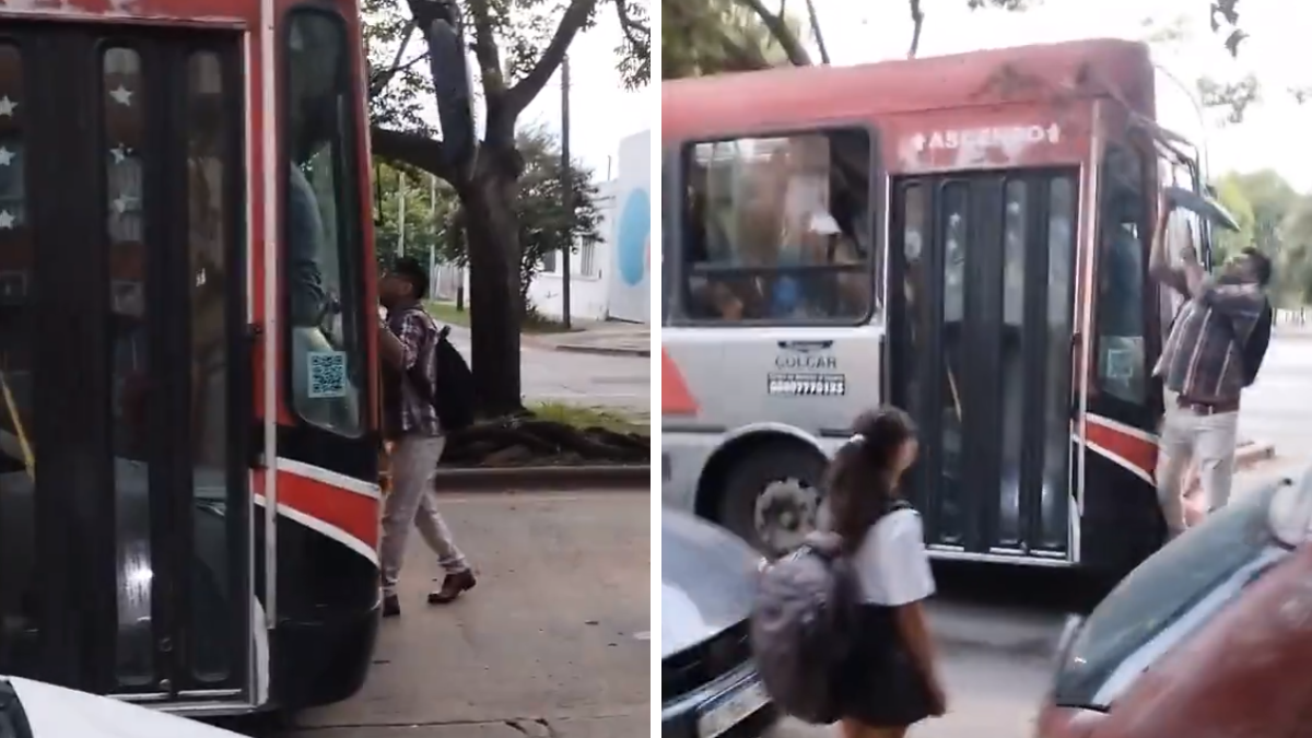 Un hombre se colgó del colectivo para que frene.