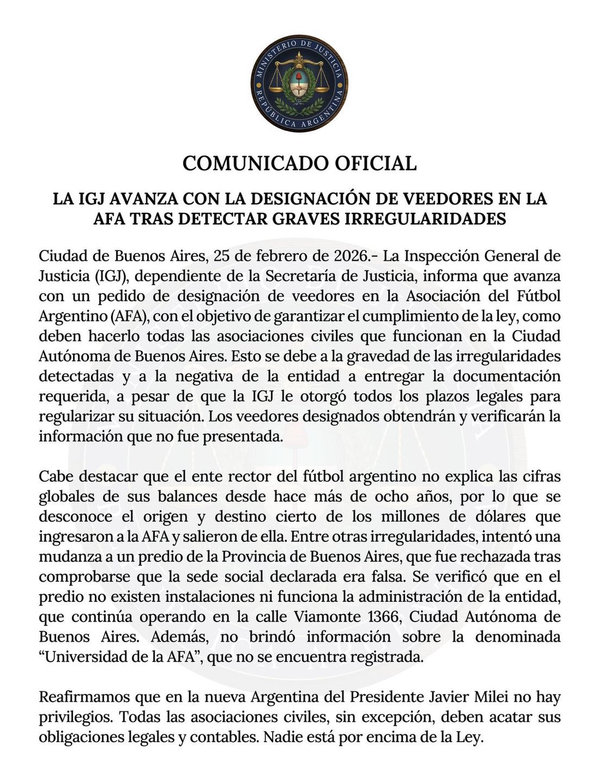La IGJ pidi&oacute; designar veedores en la AFA para revisar documentaci&oacute;n contable y financiera.