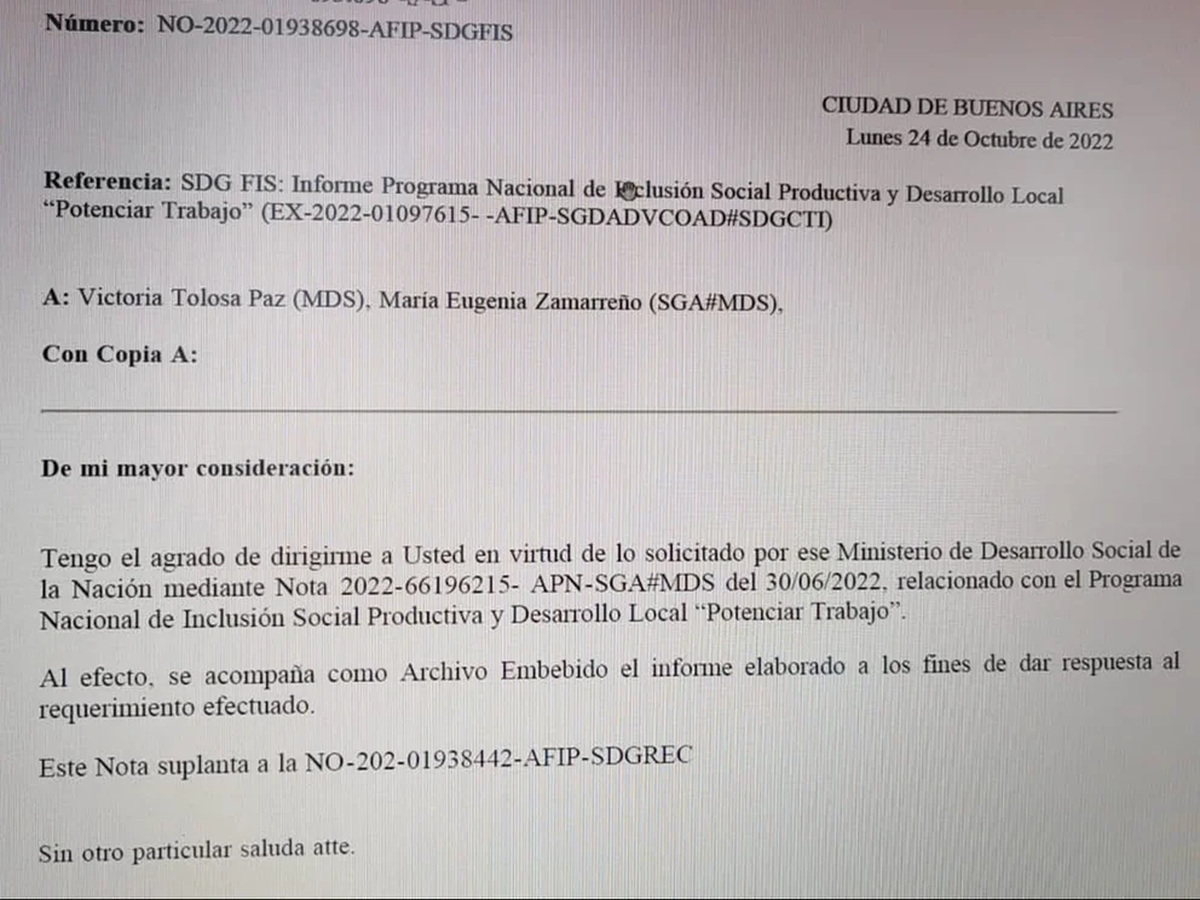 La información se envió al ministerio el 24 de octubre pasado
