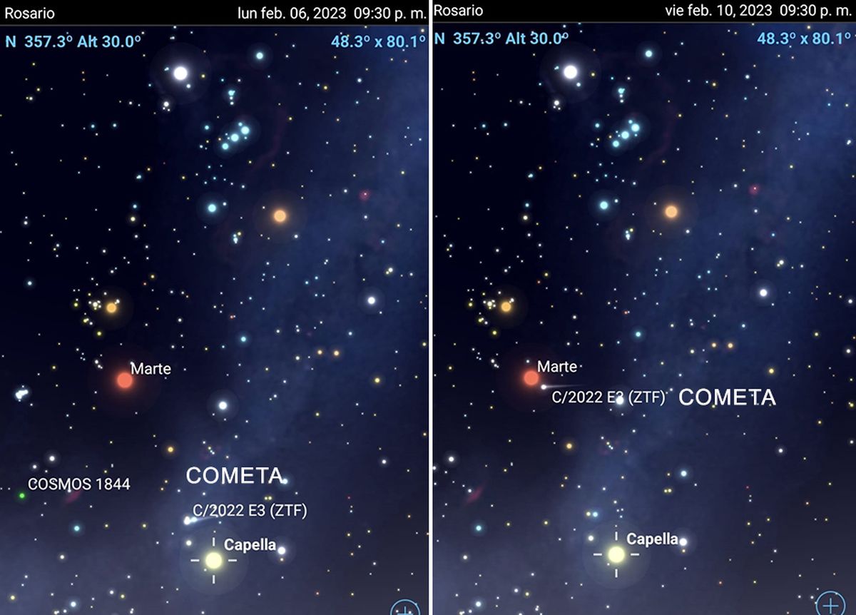 La ubicación del cometa el 6 y 10 de febrero en el cielo santafesino, entre las 21.30 y 22 horas.