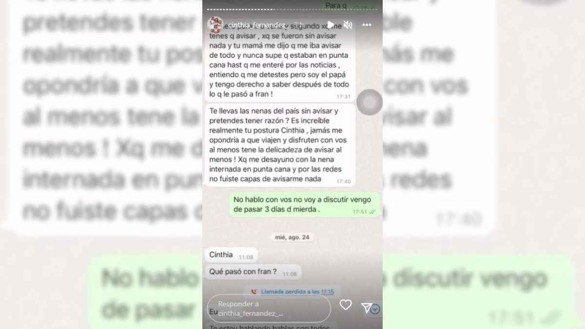 Luego de enterarse de que su expareja la iba a denunciar, Cinthia Fernández subió todos sus chats con Matías Defederico a sus historias de Instagram.