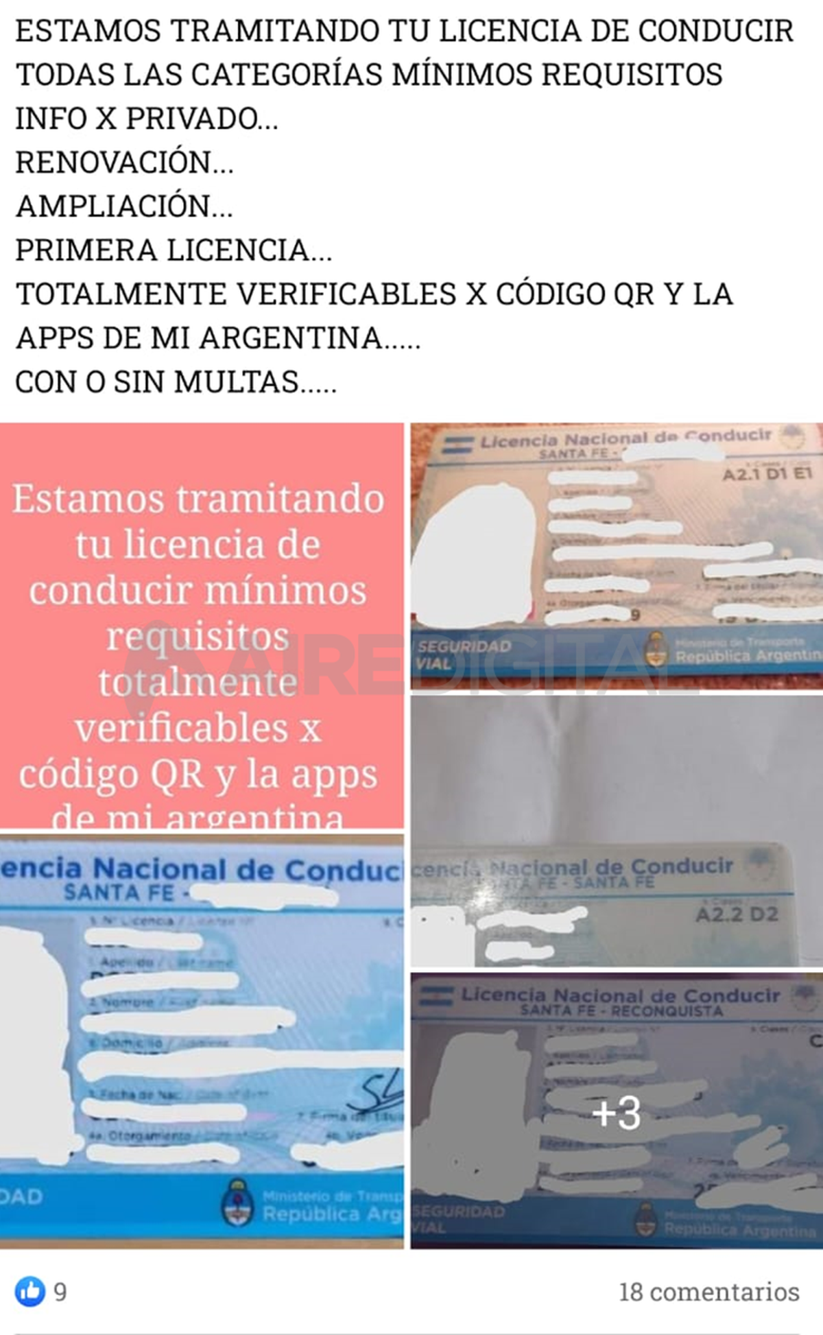 El ofrecimiento en redes sociales, con perfiles falsos, para acceder al trámite de licencia de conducir en Santa Fe.