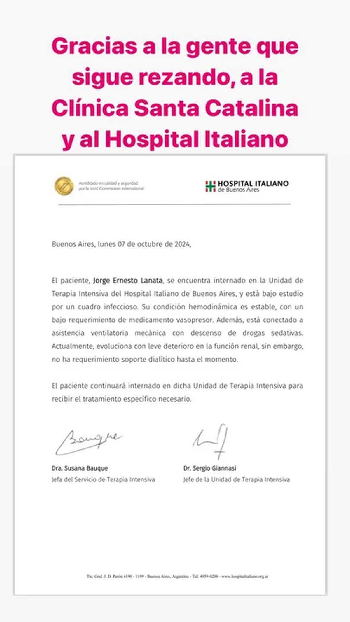 Elba Marcovecchio, la esposa de Jorge Lanata, agradeció a los médicos y a la gente. Elba Marcovecchio, la esposa de Jorge Lanata, agradeció a los médicos y a la gente.