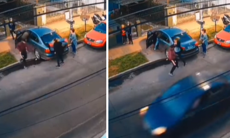En el video, se puede ver a cuatro mujeres defendiéndose a los golpes de un intento de robo. En el video, se puede ver a cuatro mujeres defendiéndose a los golpes de un intento de robo.