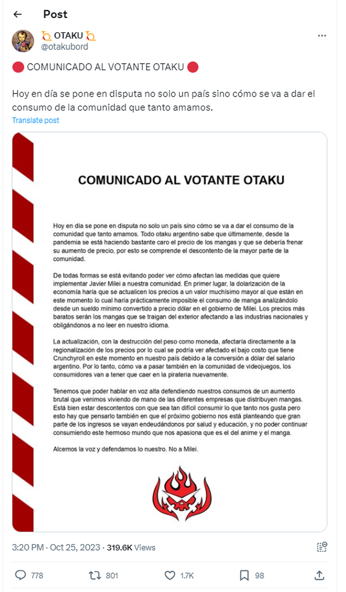 Los otakus emitieron un comunicado pronuciándose contra Javier Milei y La Libetad Avanza. Los otakus emitieron un comunicado pronuciándose contra Javier Milei y La Libetad Avanza.